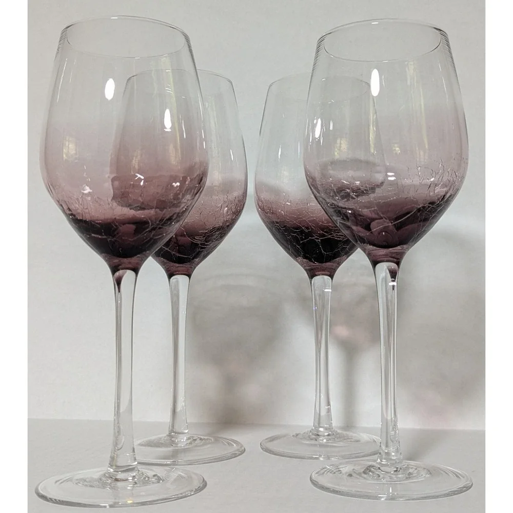 Discontinued Pier 1 Hand Blown Amethyst Crackle Glass Balloon Style Goblets (4)